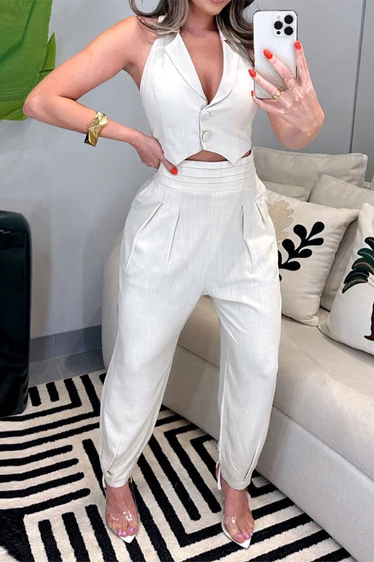 British Style Fold V Neck Sleeveless Two Pieces