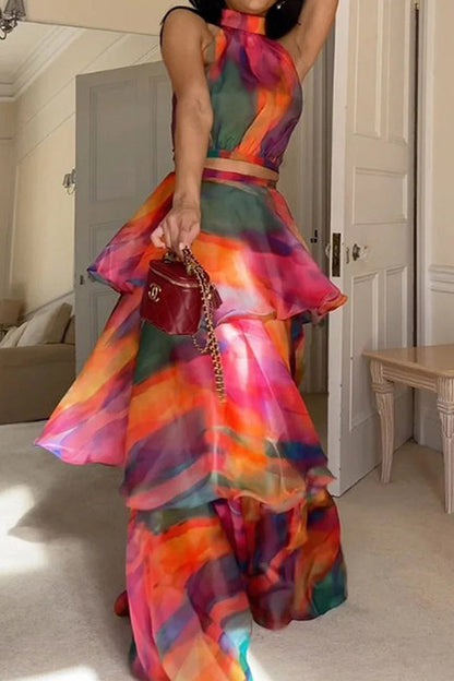 College Gradual Change Tie-dye Halter Cake Skirt Dresses
