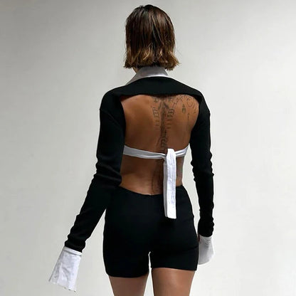 Black Commuter Bodycon Crash Color Polo Collar Split Long Sleeve Skinny Short Jumpsuit Hollow Street Jumper