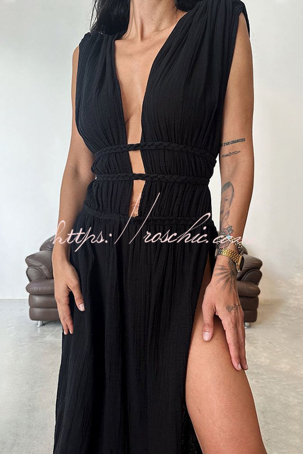 With Elegance Linen Blend Braids Belt Cutout Slit Kaftan Maxi Dress