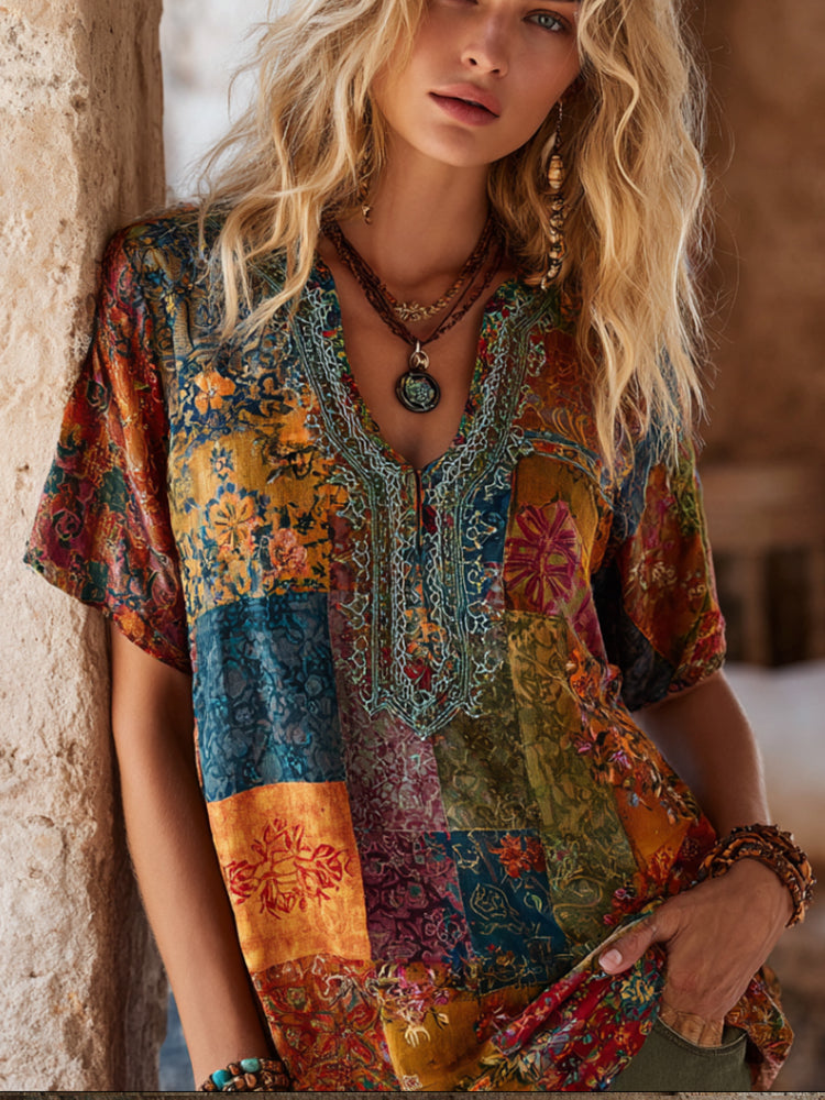 Bohemian-style Rhapsody Patchwork Vintage Print V-neck Short-sleeved Shirt elevenforest