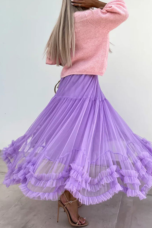 Tulle Stretch Waist Paneled Pleated Maxi Skirt