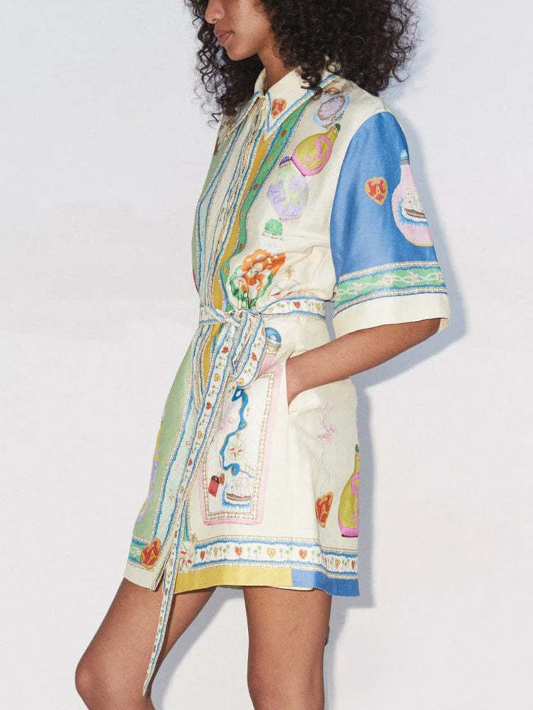 Unique Exquisite Oil Painting Print Lace-up Cardigan Mini Dress