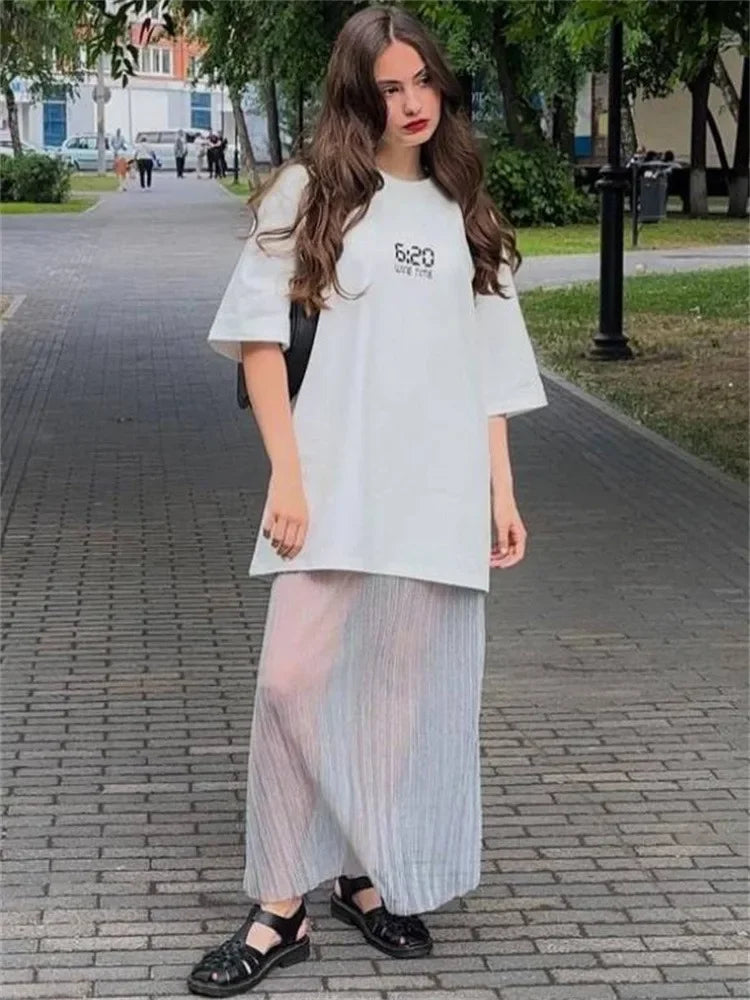 Mesh Pleated See-through Long Skirt – Hollow Out High Waist Maxi Skirt