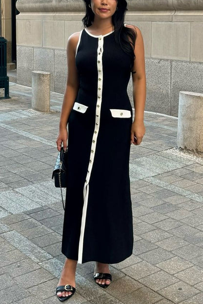 Slim Fit Crew Neck Buttoned Sleeveless Knit Midi Dress