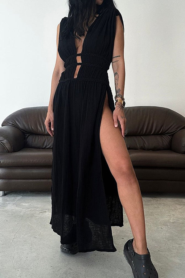 With Elegance Linen Blend Braids Belt Cutout Slit Kaftan Maxi Dress