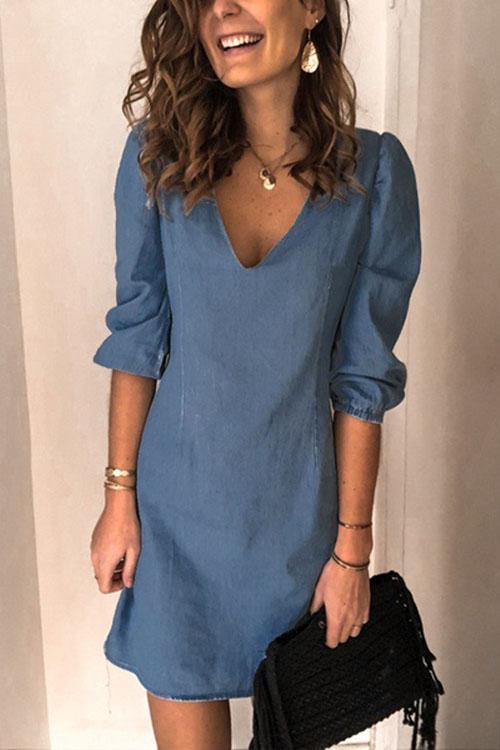 V Neck Elastic Cuff Sleeve Mini Dress(4 Colors)