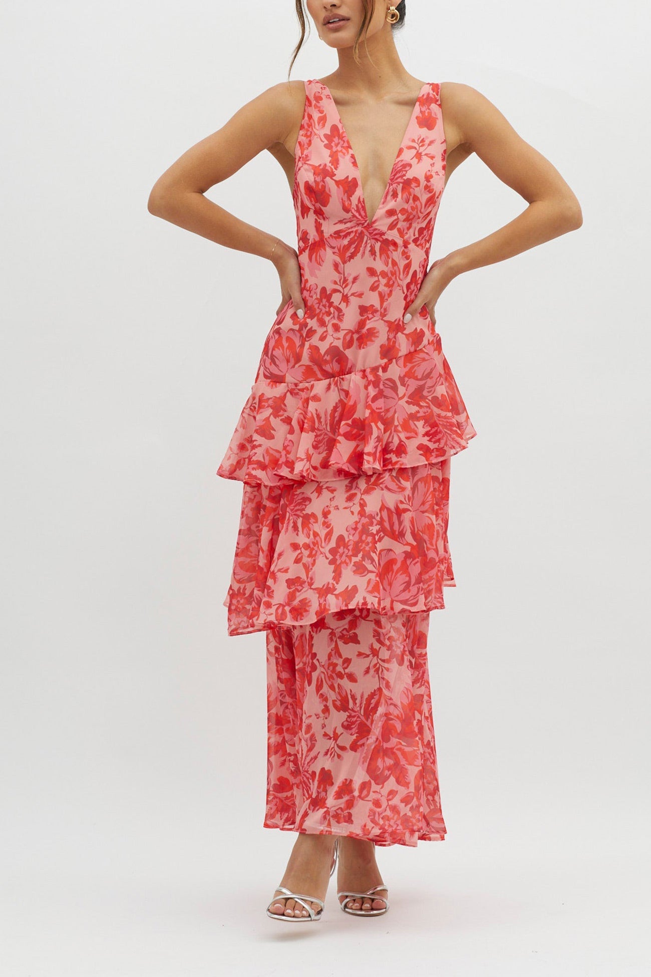 Print Tie-up Back Chiffon Tiered Dress