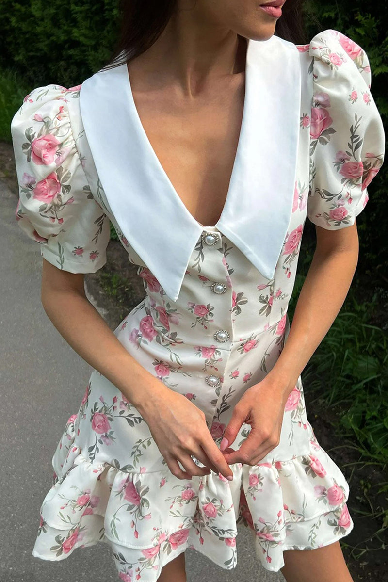 V-neck Puff Sleeve A-line Ruffle Mini Dress