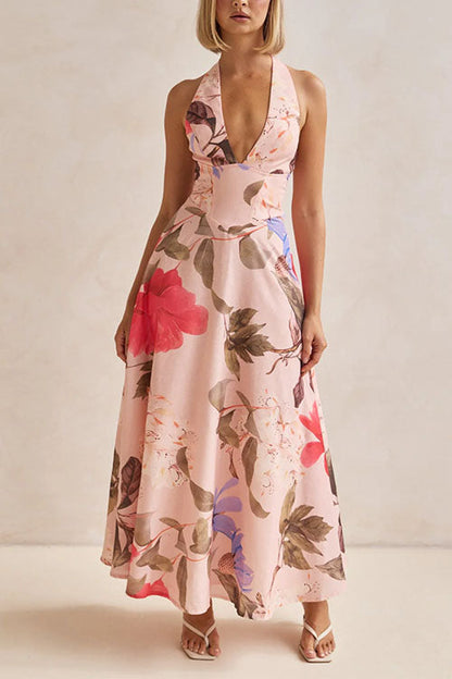 Halter V Neck Lace-up Waisted Print Maxi Dress