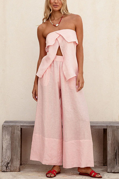 Strapless Ruffle Slit Top Elastic Waist Wide Leg Pants Set