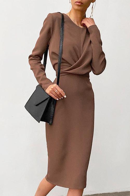 Moxidress Front Cross Slit Back Ruched Midi Dress