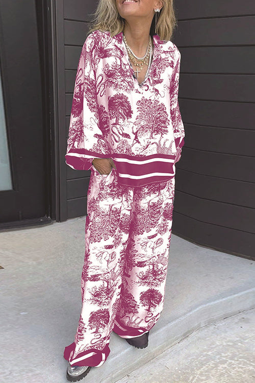 Lapel V Neck Long Sleeves Shirt Wide Leg Pants Printed Set