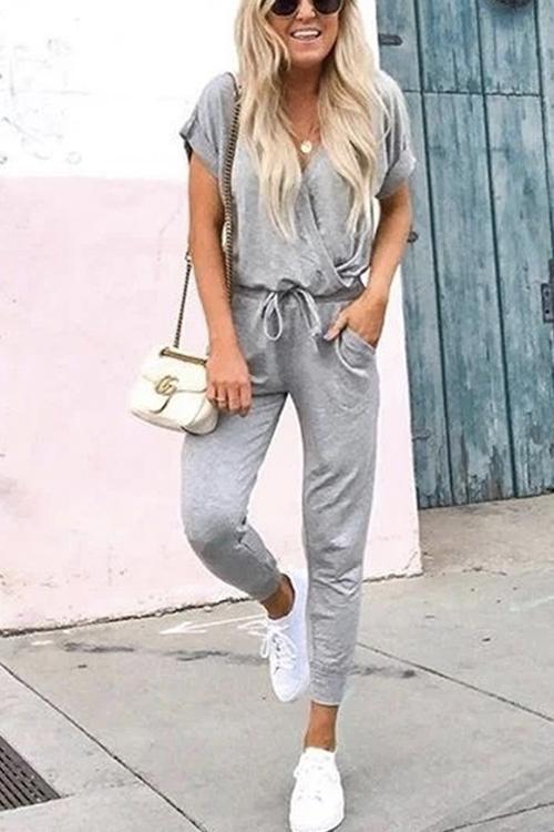 V Neck Wrap Jumpsuit With Pockets
