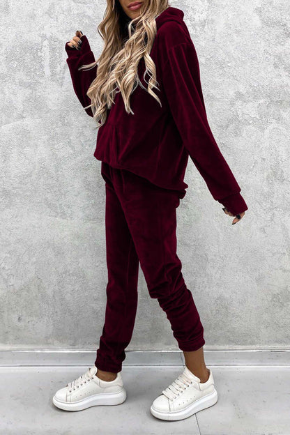 Velour Color Hoodie Long Pants Set