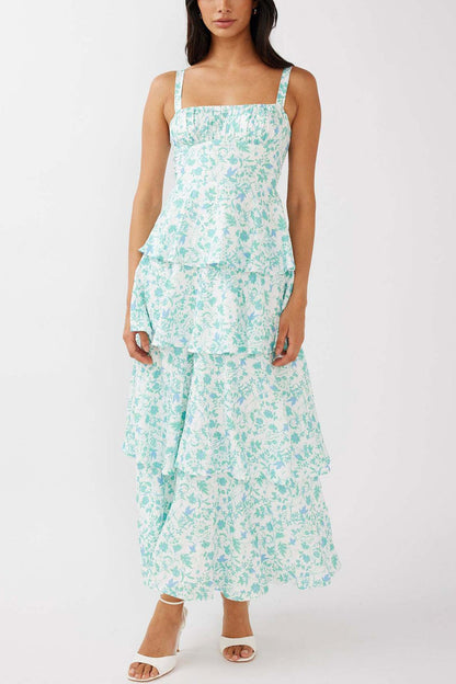 Print Tie-up Tiered Midi Dress