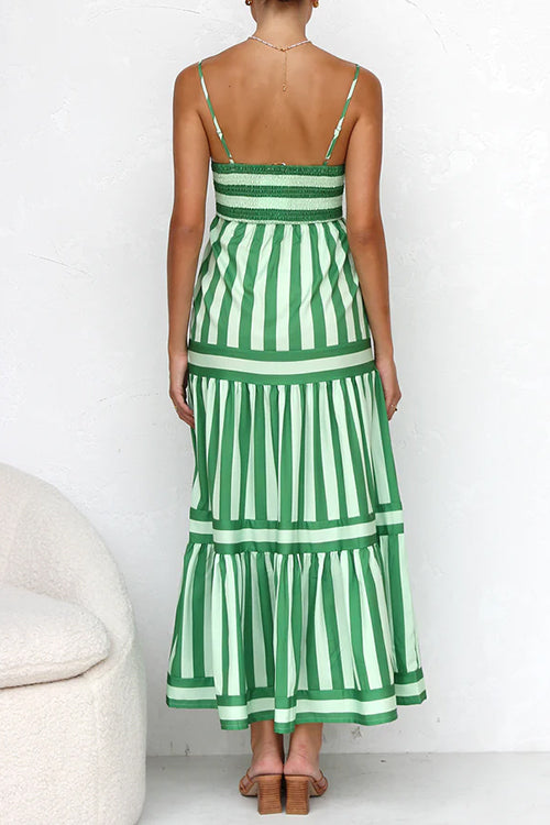 Spaghetti Strap Ruffle Tiered Color Block Striped Maxi Dress