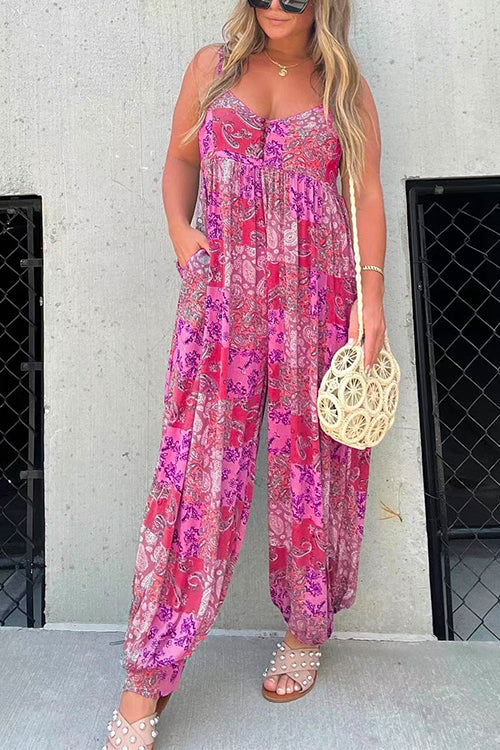 Buttons V Neck High Waist Printed Cami Jumpsuit