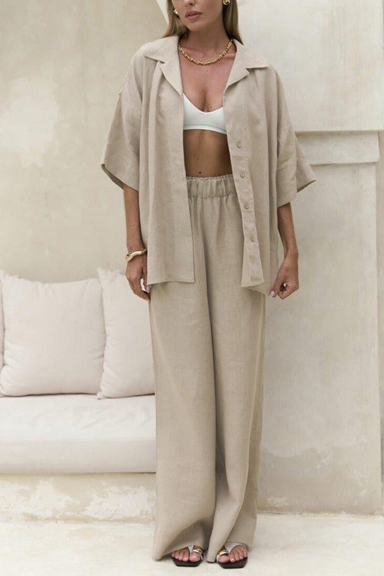 Color Cotton Half Sleeve Blouse Pants Set
