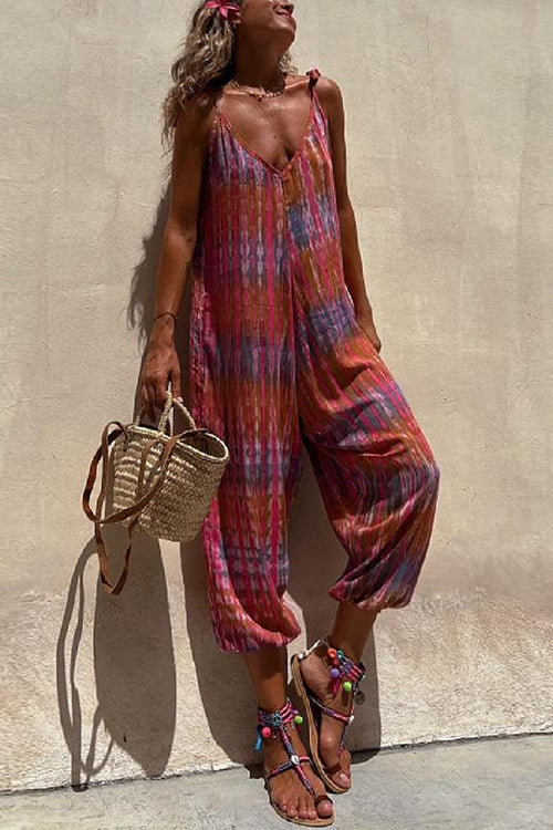 V Neck Tie Shoulder Pockets Tie Dye Cami Jumpsuit