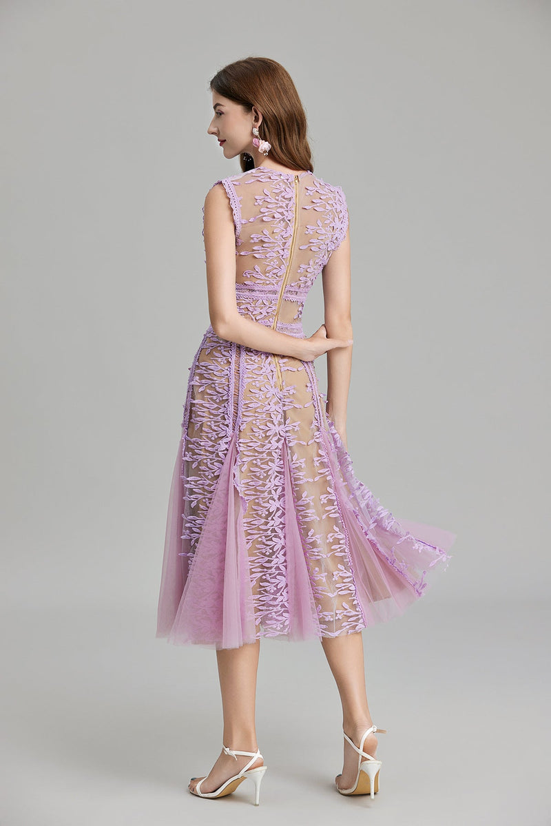 Maëlle Round Neck Mesh Embroidered Midi Dress in Beige