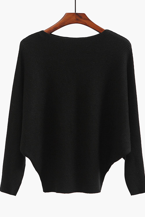 Boat Neck Batwing Sleeves Ribbed Knit Sweater