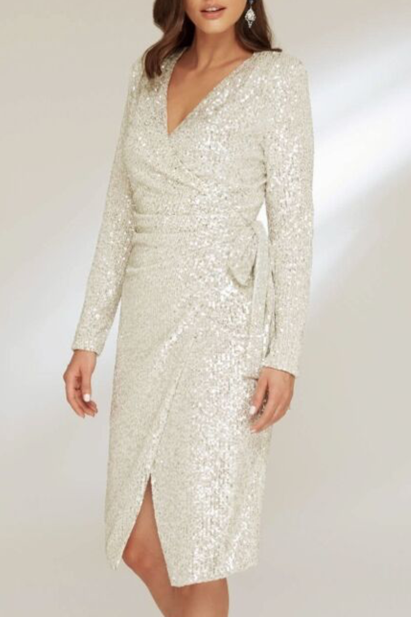 Bandage Sequins V Neck Wrapped Skirt Dresses