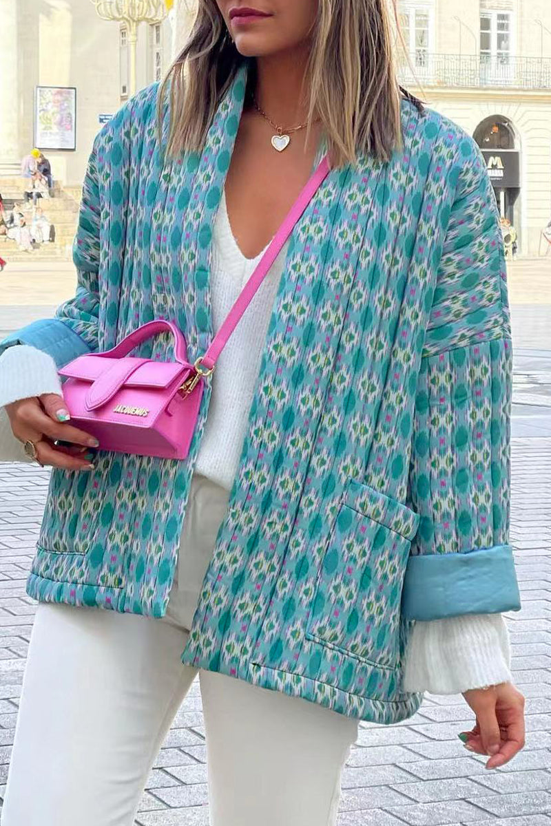 Geometric Patchwork Pocket Cardigan Collar Outerwear