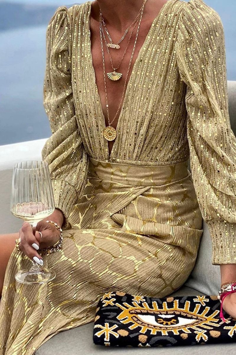 Print Slit V Neck Long Sleeve Two Pieces