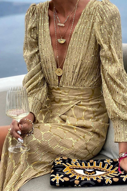 Print Slit V Neck Long Sleeve Two Pieces