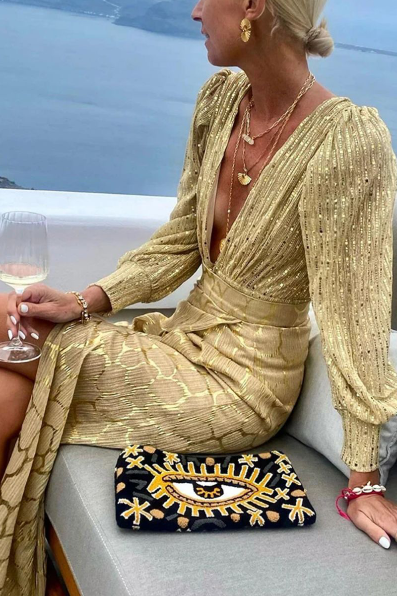Print Slit V Neck Long Sleeve Two Pieces