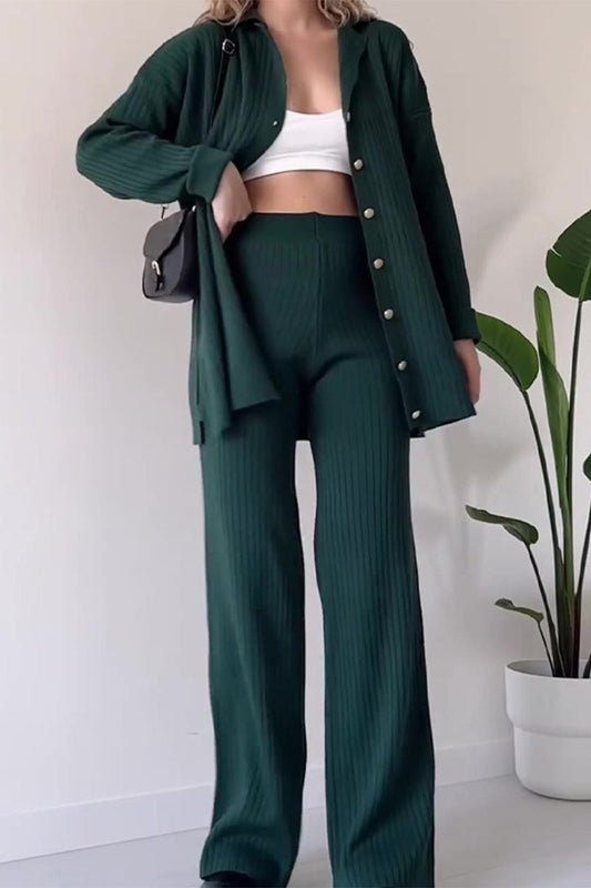 Buttons V Neck Long Sleeve Two Pieces