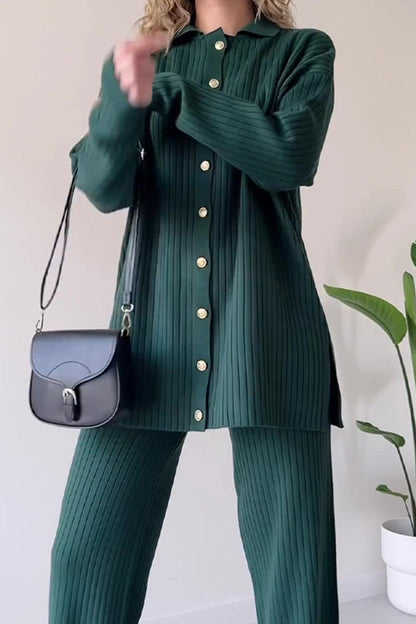 Buttons V Neck Long Sleeve Two Pieces