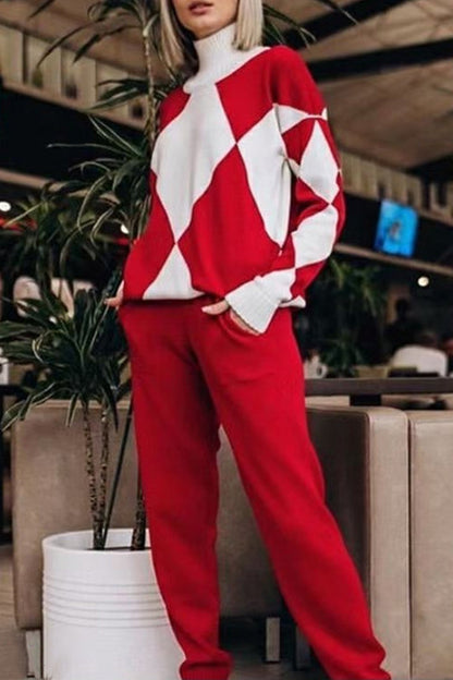Color Block Pocket Contrast Turtleneck Long Sleeve Two Pieces