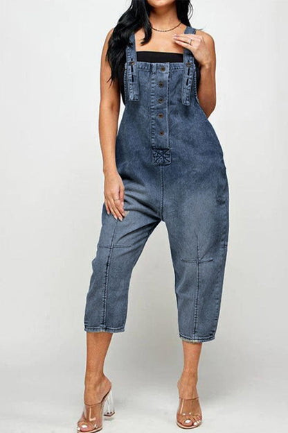Street Patchwork Buckle Square Collar Straight Jumpsuits(4 Colors)
