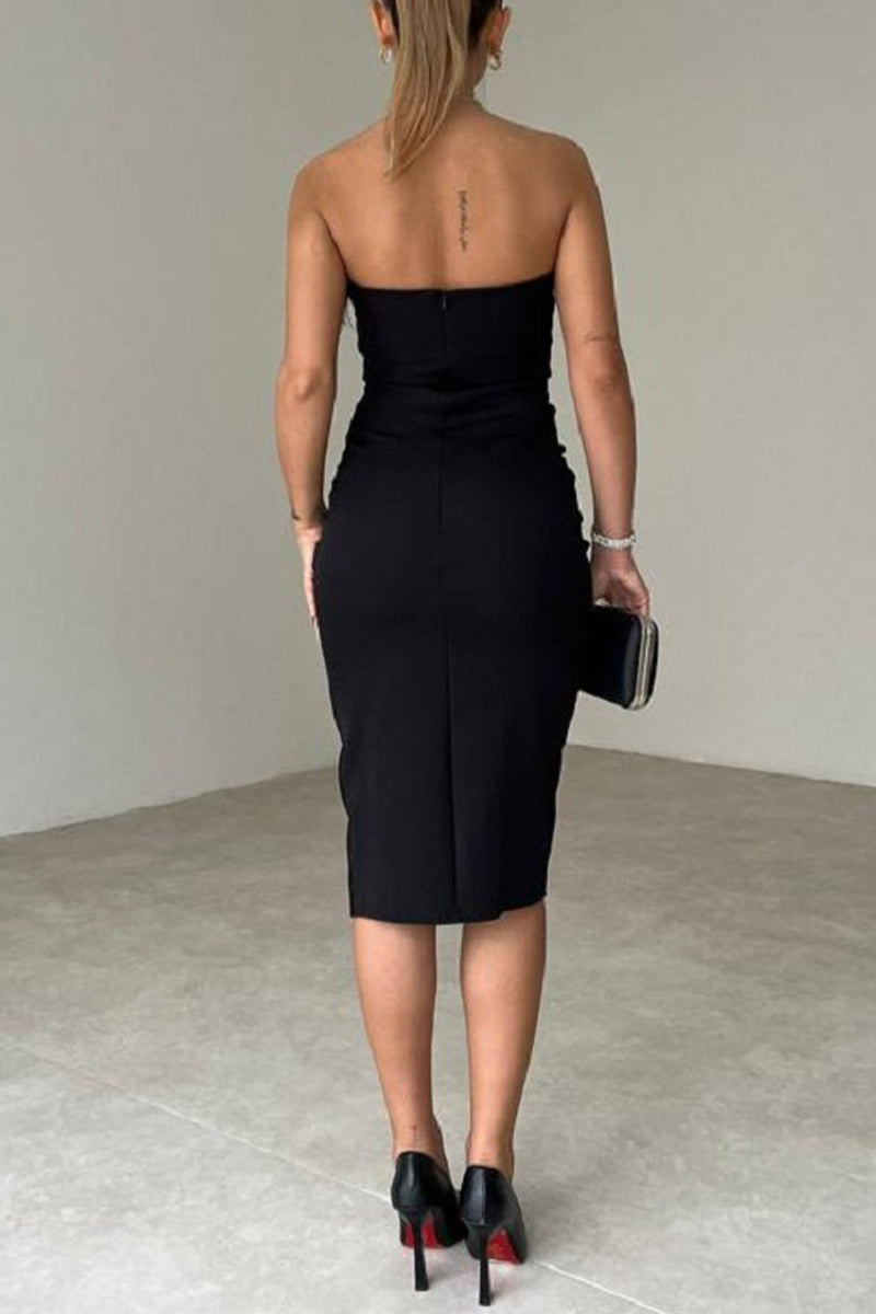Feathers Slit Strapless Wrapped Skirt Dresses