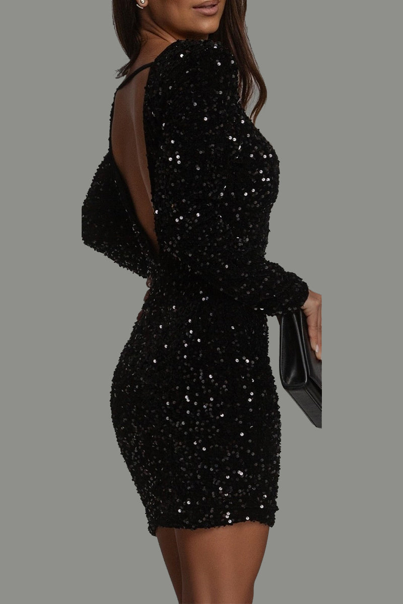 Backless Sequined O Neck Wrapped Skirt Dresses(5 Colors)