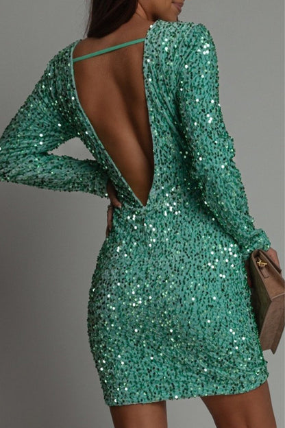 Backless Sequined O Neck Wrapped Skirt Dresses
