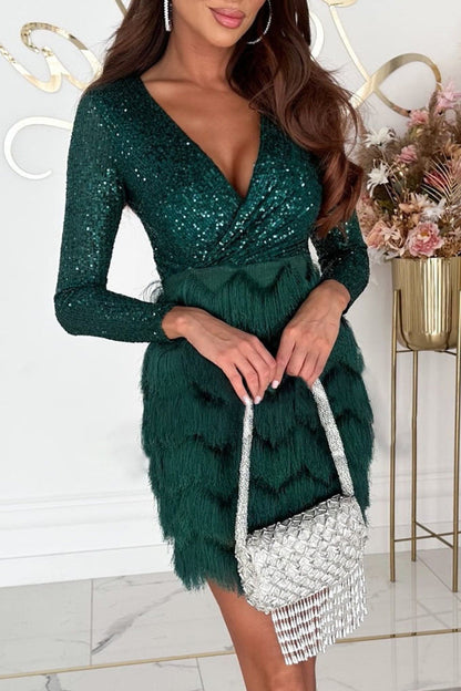 Tassel Sequins V Neck Wrapped Skirt Dresses(4 Colors)