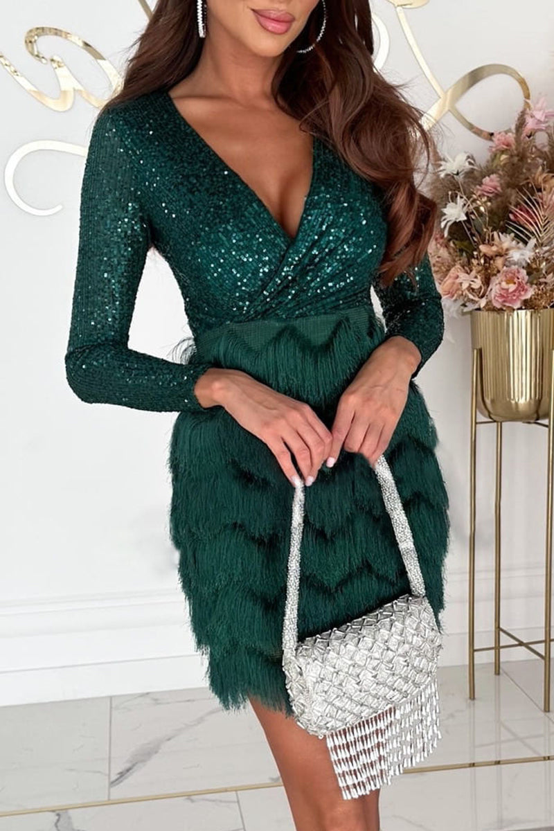 Tassel Sequins V Neck Wrapped Skirt Dresses(4 Colors)
