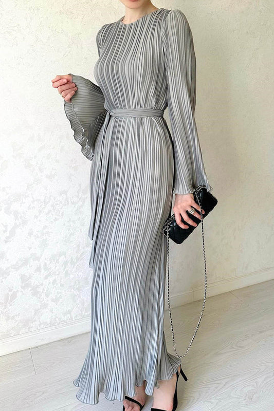 Street Patchwork Pleated O Neck Long Dress Dresses