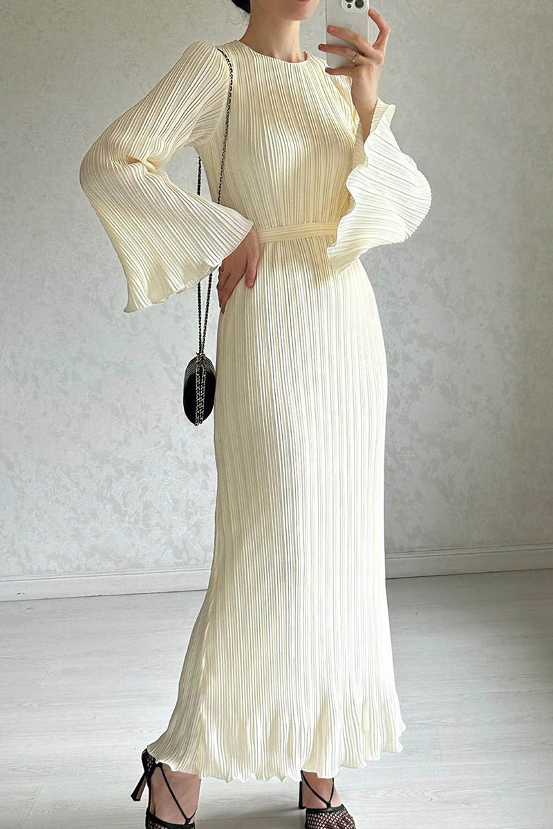 Street Patchwork Pleated O Neck Long Dress Dresses
