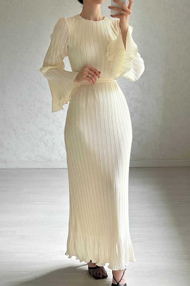 Street Patchwork Pleated O Neck Long Dress Dresses