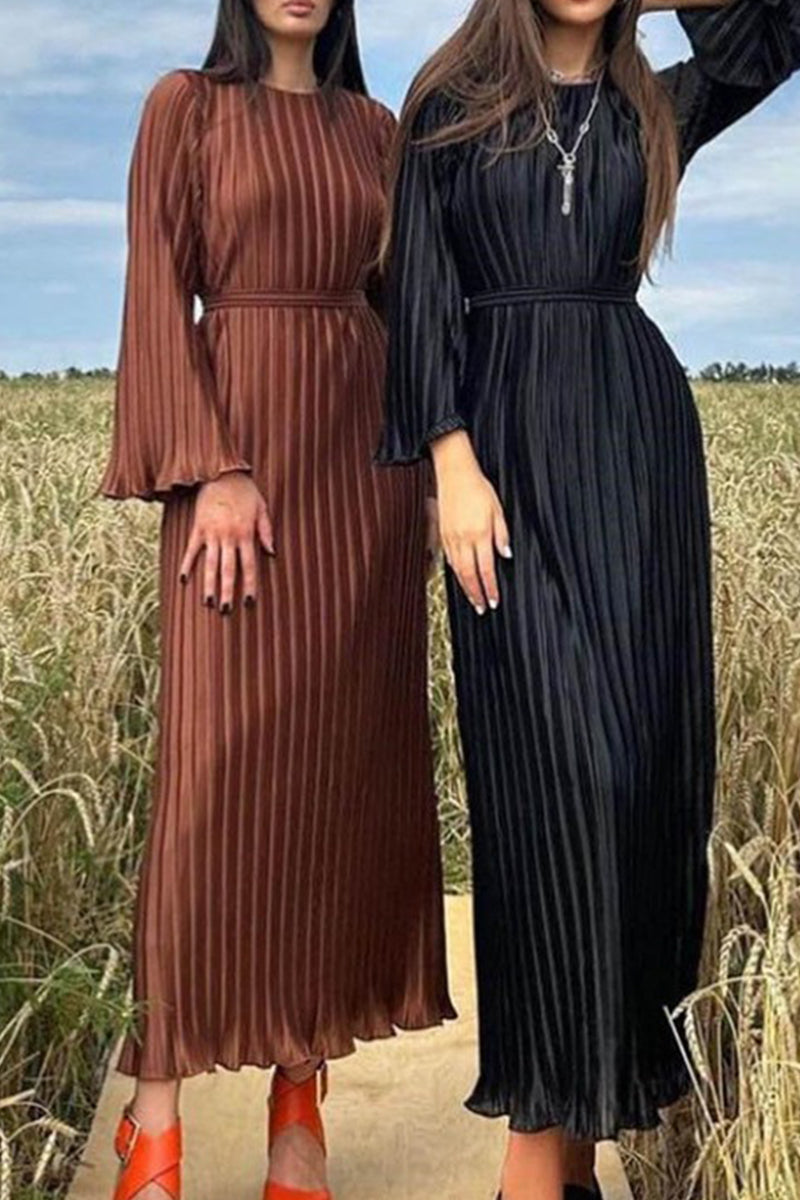 Street Patchwork Pleated O Neck Long Dress Dresses