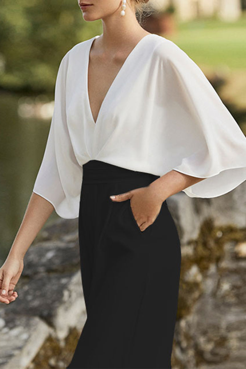 British Style Color Block Pocket Contrast V Neck Loose Jumpsuits