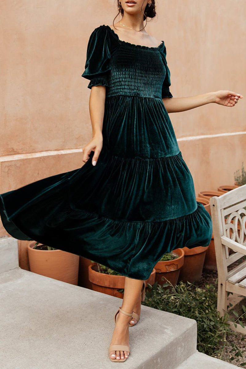 Flounce Fold Square Collar Cake Skirt Dresses
