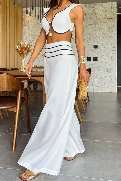 Striped Patchwork V Neck Sleeveless Two Pieces