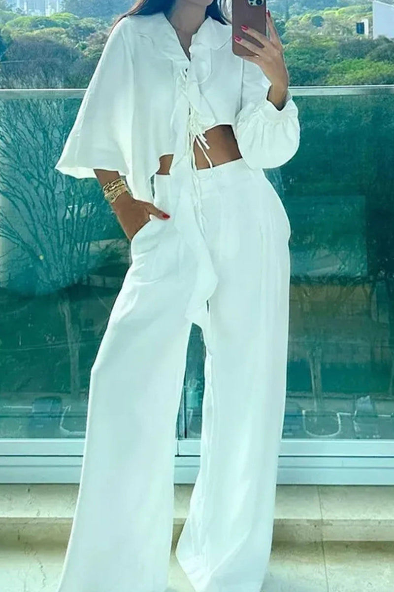 Flounce V Neck Long Sleeve Two Pieces