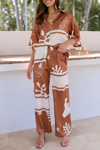 Daily Geometric Print Buttons Turndown Collar Short Sleeve Two Pieces