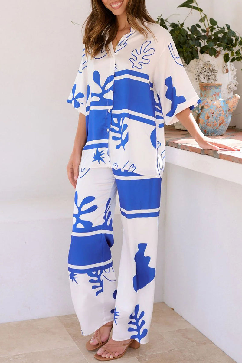 Daily Geometric Print Buttons Turndown Collar Short Sleeve Two Pieces